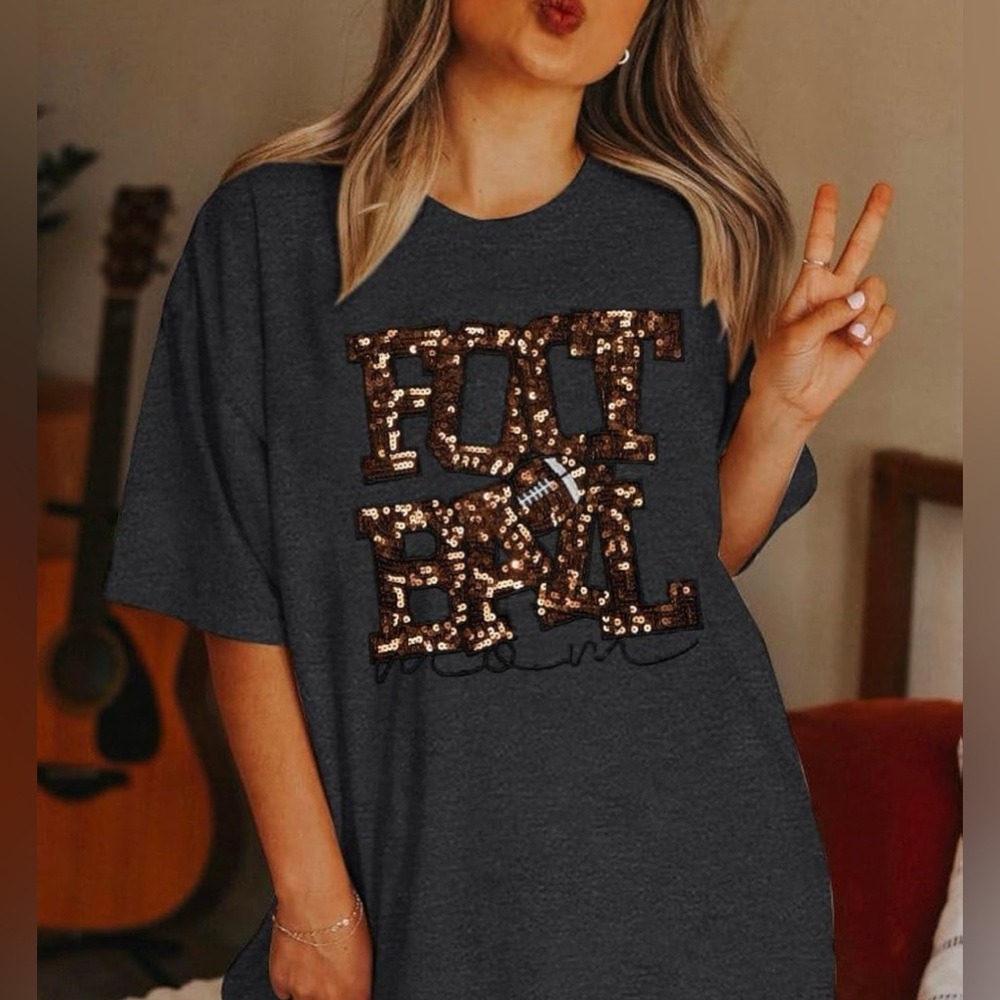 Sequin Football Mom T-shirt XL